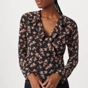 Frank and Oak Floral Ruffle V-Neck Top - Black and Brown - S